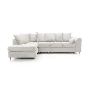 Jumbo Large White Cord Left Facing Corner Sofa for Living Room with Thick Luxury Deep Filled Cushioning