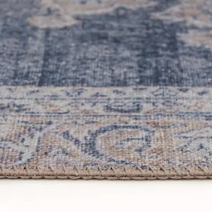 Denim Blue Vintage Medallion Anti Slip Washable Rug 160x230cm