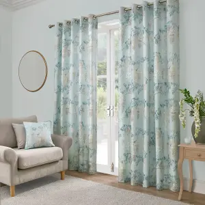 Wisteria Floral Print Pair of Duck Egg Pencil Pleat Curtains