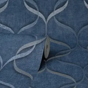 Milano Trellis Blue & Silver Wave Heavyweight Wallpaper M95628