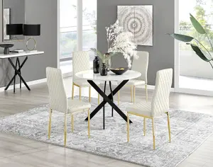 Furniturebox UK Novara White Gloss Black Leg Round Dining Table & 4 Cream Velvet Milan Gold Leg Chairs