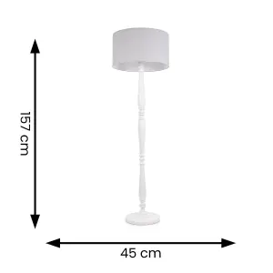 ValueLights Victoria Traditional White Wood Candlestick Floor Lamp with Grey Drum Shade