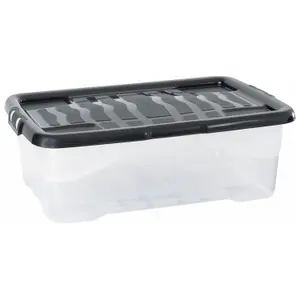 2 x 24 Litre Clear Transparent Base Stackable Curve Plastic Storage Boxes With Black Lids