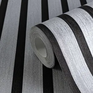 Metallic Silver & Black Wood Panel Slats Wallpaper 78627-1