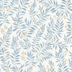 Grandeco Sage Trail Foliage and Flowers Textured Wallpaper, China Blue