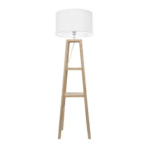 ValueLights Wakefield Two Storage Shelf Wooden Floor Lamp with White Fabric Shade and LED Bulb