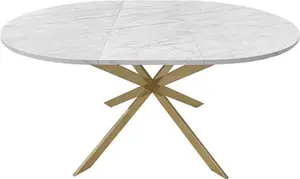 Round To Oval White Marble Effect Extendable Dining Table With Gold Legs - Seats 4 - 6 - Reine