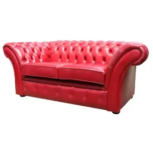 Chesterfield 2 Seater Sofa Settee Old English Gamay Red Leather In Balmoral Style