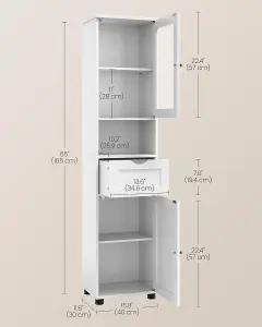 VASAGLE Tall Bathroom Cabinet Free Standing, Slim Bathroom Storage Cupboard, Open Shelf, Glass Door, Space-Saving, Cloud White