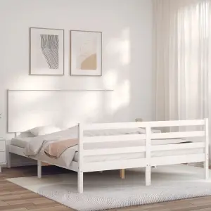 Berkfield Bed Frame with Headboard White King Size Solid Wood