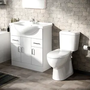 Nes Home Memphis 3-Piece Bathroom Suite White - Close Coupled Toilet, 750mm Basin Vanity Unit and Round Bath Tub