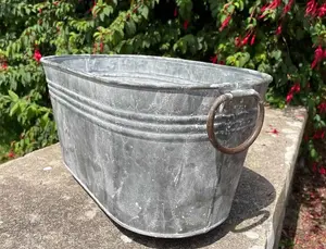 Galvanised Oval Trough with Handles Outdoor Garden Planter Flower Pot