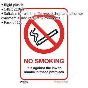 Pack of 10 Rigid Plastic No Smoking Signs for Workplace Safety 148 x 210mm