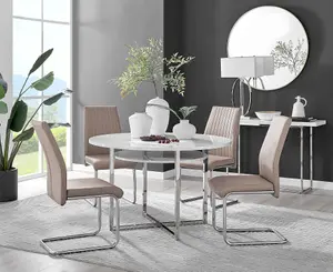 Adley White High Gloss and Chrome Round Dining Table with Storage Shelf and 4 Beige Lorenzo Chairs for Modern Sleek Dining Room