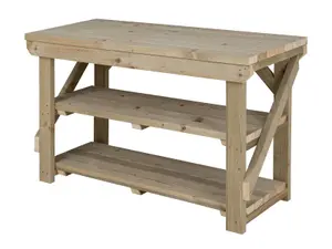 Indoor/outdoor workbench pressure treated station (H-90cm, D-64cm, L-150cm) with double shelf