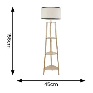 ValueLights Hiru 3 Tier Shelved Wooden Floor Lamp with Linen Black Trim Drum Shade