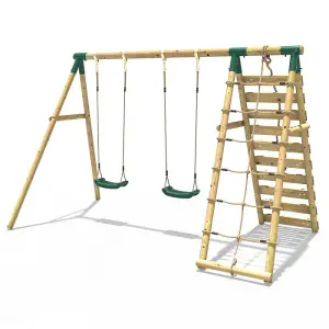 Rebo Wooden Swing Set with Up and Over Climbing Wall - Ela Green