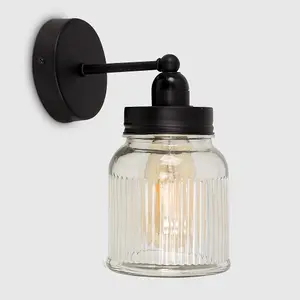 ValueLights Cambourne Industrial Satin Black Pipework Single Wall Light with Clear Glass Jar Shade