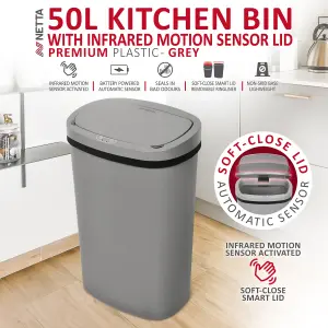 NETTA 50L Plastic Sensor Bin For Kitchen - Grey