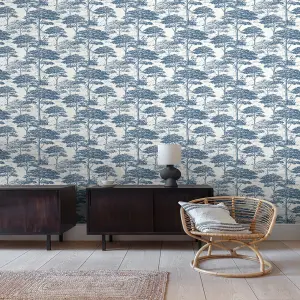 Grandeco Blue Etched tree Embossed Wallpaper