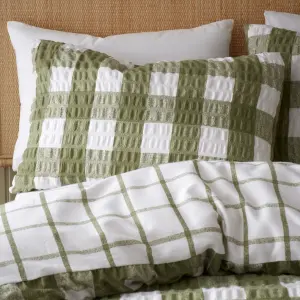 Catherine Lansfield Brushed Seersucker Gingham Reversible King Duvet Cover Set with Pillowcases Olive Green