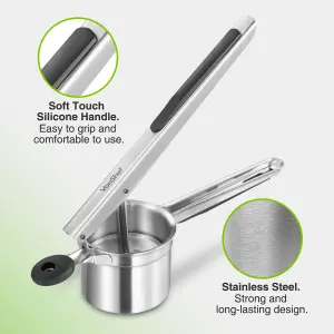 VonShef Potato Ricer Masher, Multifunctional Stainless Steel Fruit & Veg Press w/ Soft Grip Vegetable Masher for Mashed Potatoes