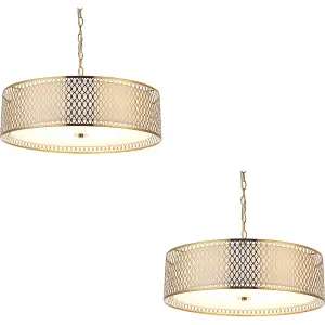 2 PACK Hanging Ceiling Pendant Light - Gold Effect Plate White Fabric & Frosted Glass - 3 X 10W LED E27