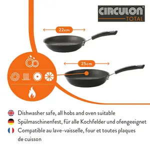 Circulon Total Black Round Hard Anodised Aluminium Induction Suitable Skillet Frying Pan Set 22 & 25cm Twin Pack