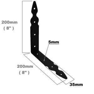 Pack of 1 x Black Corner Bracket - 200 x 200 mm Steel Right Angle Braces L Shaped Metal Bracket 90 Degree Corner Braces