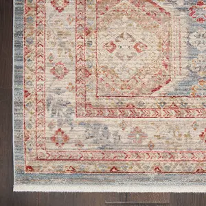 Light Blue Multicoloured Traditional Bordered Geometric Rug for Bedroom & Living Room-79 X 366cm (Runner)