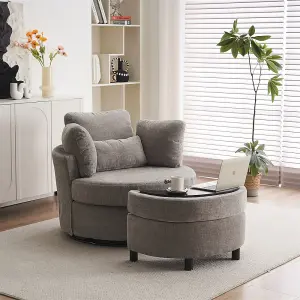 Chenille Swivel Armchair with 3 Back Cushion Pillow Ottoman Crescent Stool 