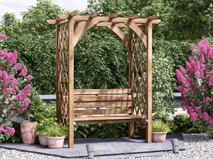 Dunster House Pergola with Seat Bench Lattice Trellis Arbour Wooden Furniture Garden Plant Frame Jasmine