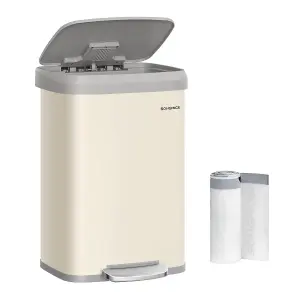 SONGMICS Kitchen Bin, Waste Bin, Rubbish Bin, Metal Waste Pedal Bin with Lid, Tall and Large, Sand Beige and Dove Grey