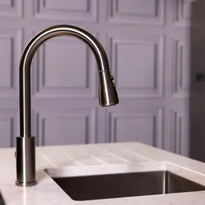 Flode Runda Kitchen Sink Mixer with Pull out Spray Brushed Steel Oval Head