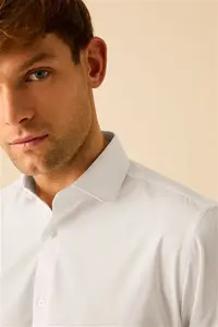 Mens Next White Penny Collar Easy Care Single Cuff Shirt - White Penny Collar