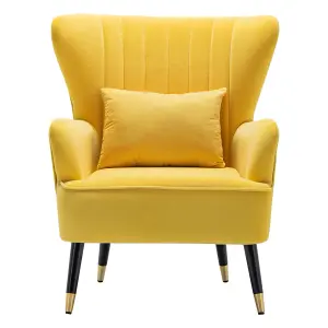 Modern Wing Back Velvet Tufted Armchair, Yellow Upholstered Occasional Chair Accent Sofa Chair with Lumbar Pillow