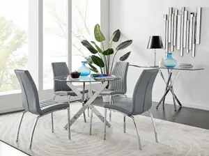 Furniturebox UK Novara Chrome Metal Round Glass Dining Table And 4 Elephant Grey Isco Dining Chairs