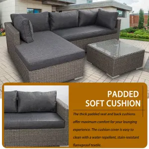 Rattan Garden Corner Sofa Set, 3 Piece Corner Garden Lounge Set with 10CM Cushion, Tempered Glass Table - Fully Assembled - Gray