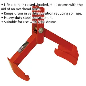 205L Drum Grab - 350kg Capacity - Heavy Duty Steel Construction - Overhead Hoist