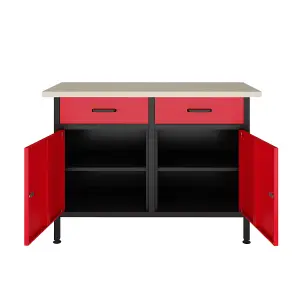 POLLOR 120L x 60W x 85H cm Steel Workbench Storage Cabinet Tool Drawers Garage Workshop Workstation Red & Black