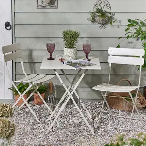 Cream 3pc Metal Square 2 Seater Folding Patio Set Indoor Furniture Dining Table & Chairs Set Bistro Set