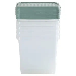 Wham Clip 5x 14L Square Plastic Storage Boxes with Secure Clip Lock Lids. L:29 x W:29 x H:26cm Clear/Green Milieu/Stone