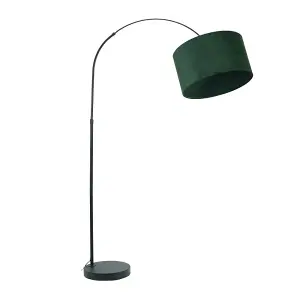 ValueLights Louis Black Arched Curved Floor Lamp with Forest Green Velvet Drum Lamp Shade and LED Bulb