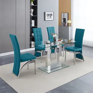 Furniture In Fashion Jet Small Clear Glass Dining Table With 4 Ravenna Teal Chairs