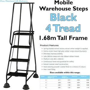 4 Tread Mobile Warehouse Steps BLACK 1.68m Portable Safety Ladder & Wheels