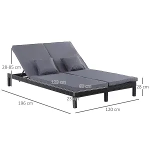 Outsunny 2 Person Rattan Lounger Adjustable Double Chaise Chair w/ Cushion Black