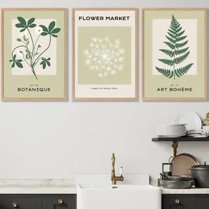 Set of 3 Framed Vintage Graphical Green Botanical / 50x70cm / Oak