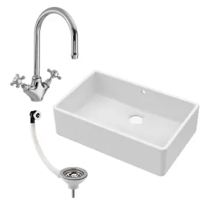 795mm - Single Bowl Fireclay Butler Kitchen Sink with Overflow -  Mixer Tap, Overflow & Waste