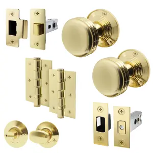 AFIT Lined Door Knob Set Polished Brass - 1 Pair of Mortice Knobs 55mm, Latch & Deadbolt Kit 76mm, Hinges 76mm & Turn & Release