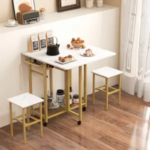 Costway Set of 3 Dining Table Set Extendable Kitchen Table 2 Stools w/ Wine Rack